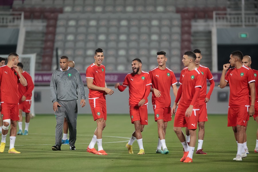 Los jugadores de la selección de Marruecos participan en una sesión de entrenamiento.