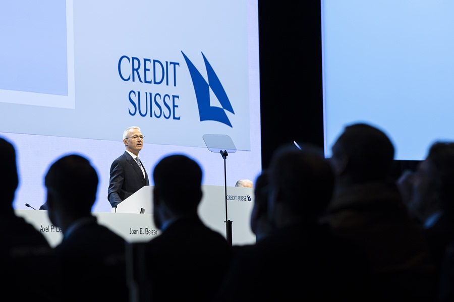 El presidente de Credit Suisse, Axel Lehmann, durante la junta de accionistas de hoy. 