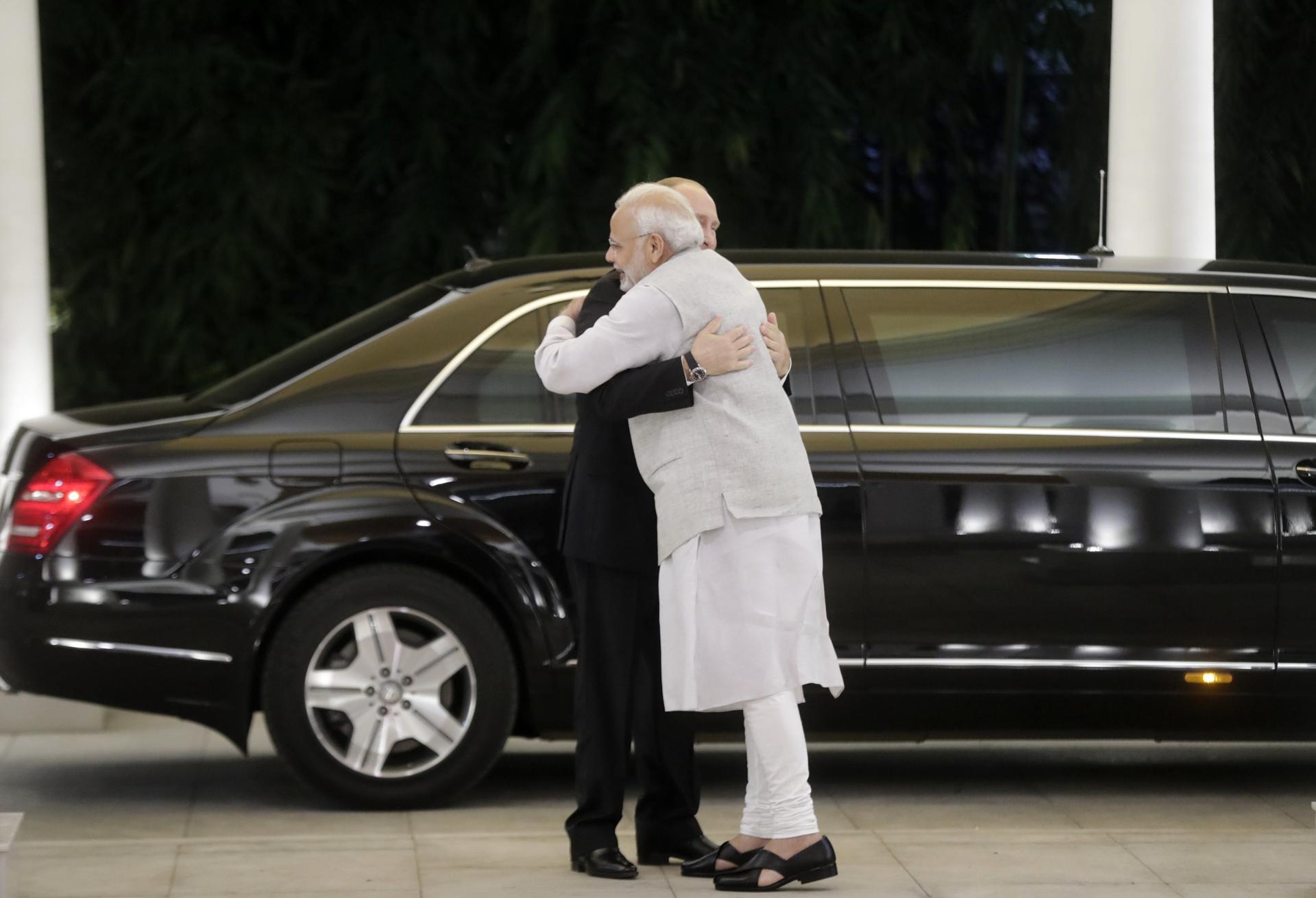 A file picture of Russian President Vladimir Putin (back) being welcomed by Indian Prime Minister Narendra Modi (front) in New Delhi, India, 04 October 2018. EPA/EFE/FILE/MIKHAIL METZEL / KREMLIN POOL/SPUTNIK / POOL MANDATORY CREDIT[MANDATORY CREDIT]