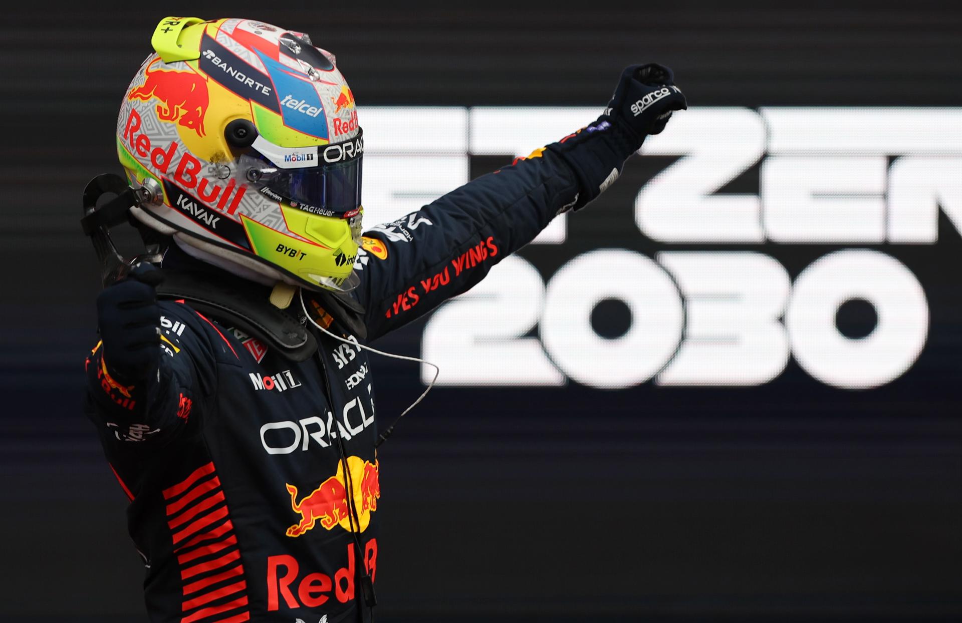 Mexican Formula One driver Sergio Perez of Red Bull Racing celebrates after winning the 2023 Formula 1 Azerbaijan Grand Prix at the Baku City Circuit in Baku, Azerbaijan, 30 April 2023. EFE/EPA/ALI HAIDER