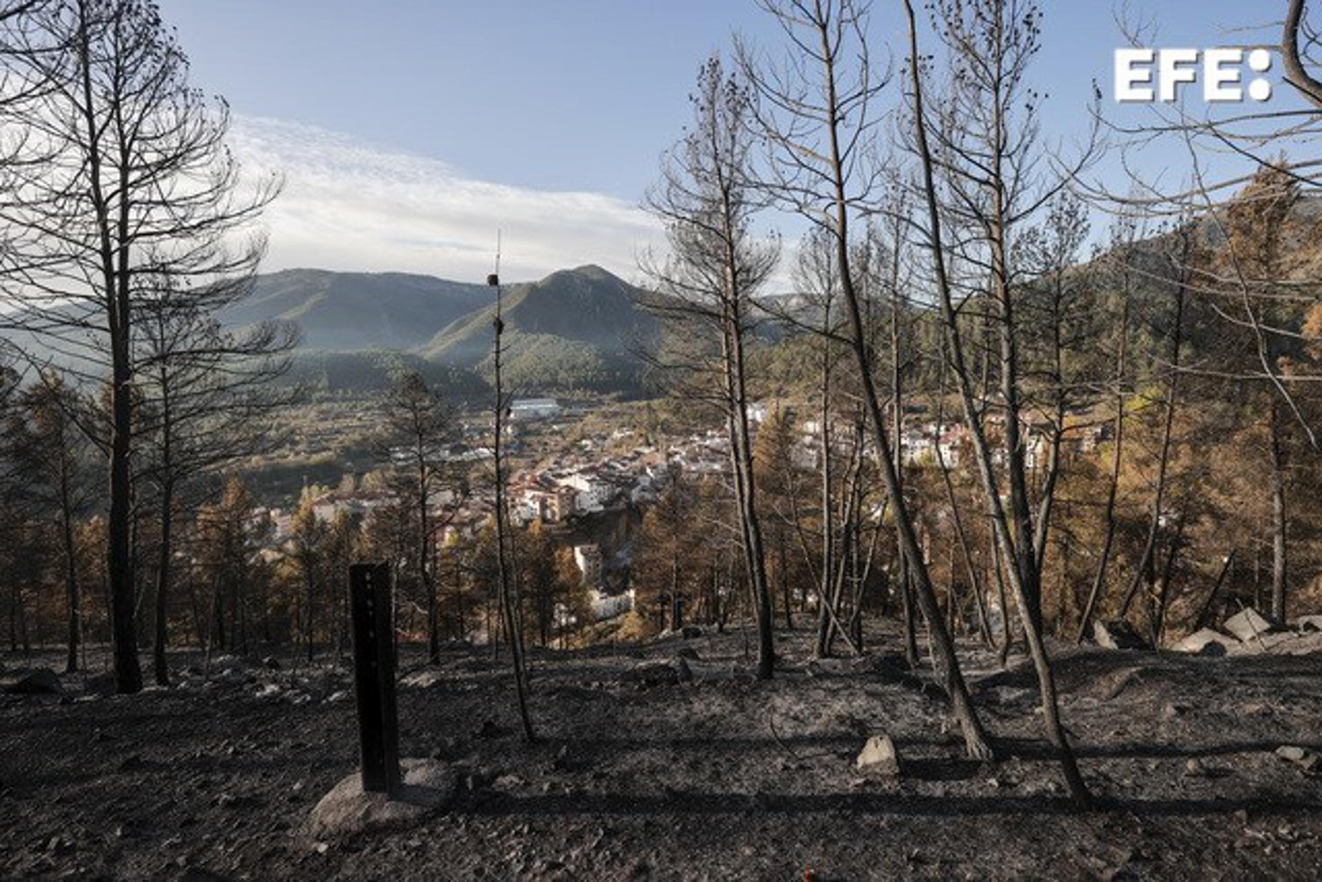 Paraje del término de Montán calcinado por el incendio forestal iniciado en Villanueva de Viver. EFE/ Manuel Bruque