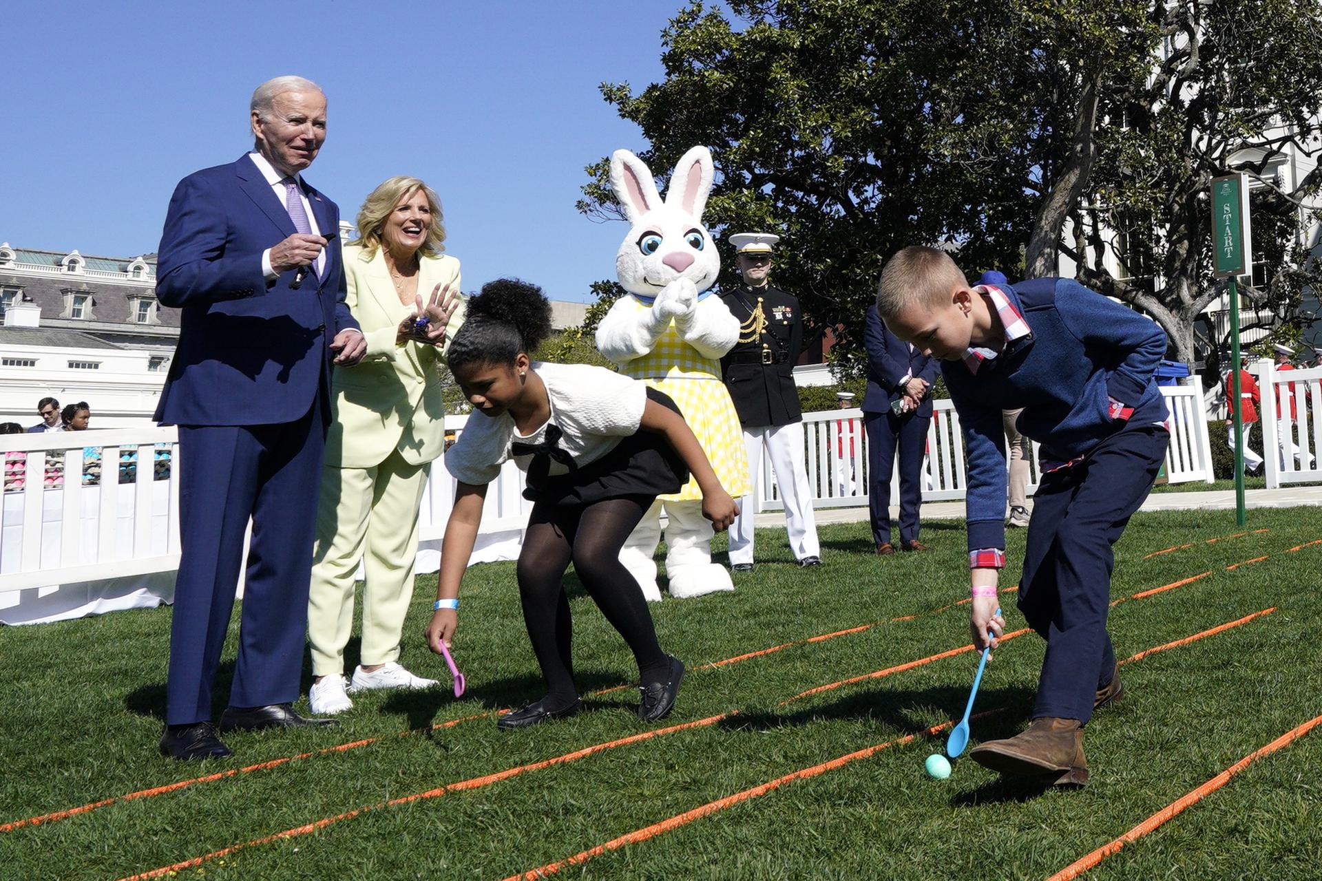 US President Joe Biden and first lady Jill Biden witness one of the Easter Egg Roll events at the White House in Washington DC on 10 April 2023. That tradition at the presidential residence dates back to 1878. EFE/Yuri Gripas/Pool