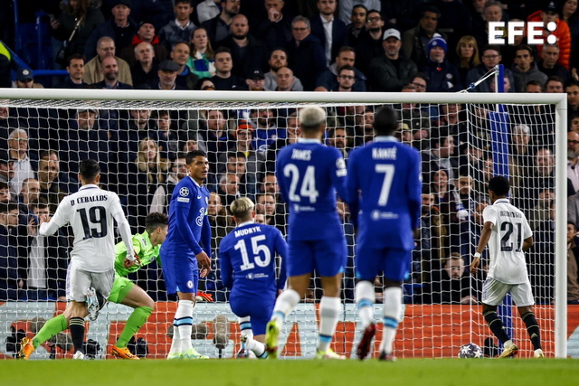 Real Madrid's Rodrygo (No. 21) scores against Chelsea during the UEFA Champions League quarterfinal 2nd leg in London on 18 April 2023. EFE/EPA/TOLGA AKMEN