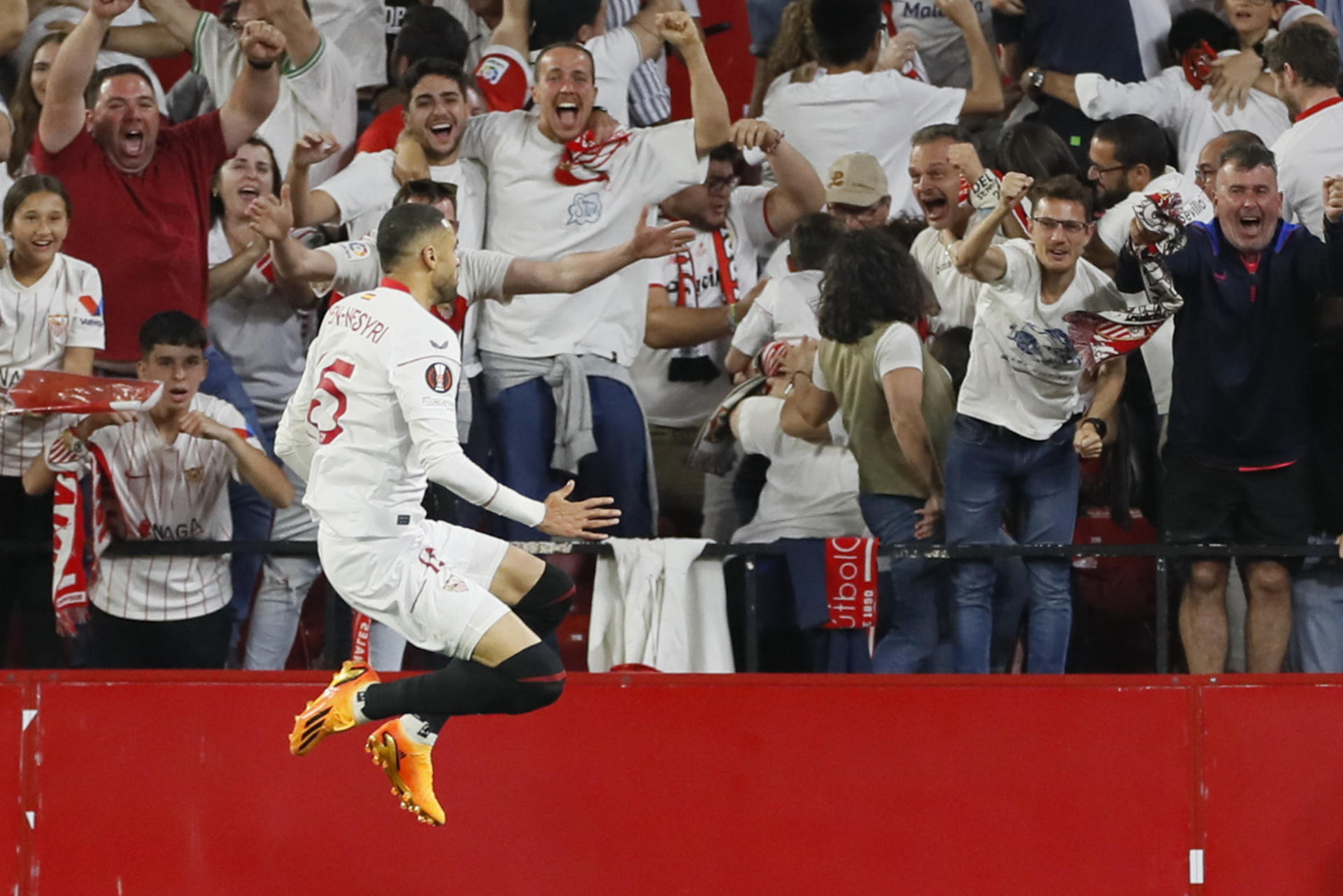 Sevilla FC's Youssef En-Nesyri celebrates after scoring against Manchester United during the UEFA Europe League quarterfinal second leg in Seville, Spain, on 20 April 2023. EFE/Jose Manuel Vidal
