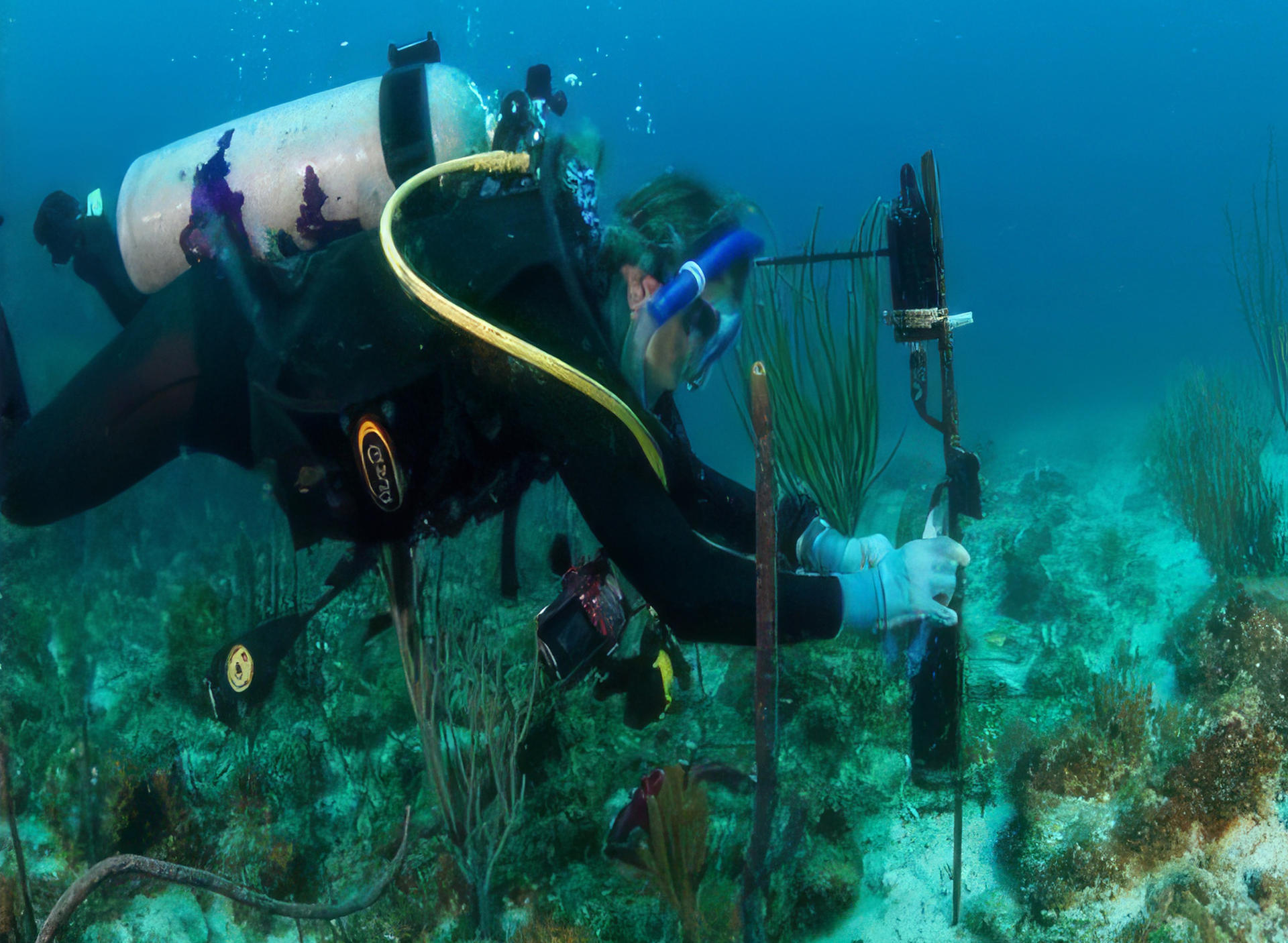 Fotografía cedida por el International Quiet Ocean Experiment (IQOE) donde se muestra a uno de sus buceadores mientras coloca un hidrófono en el suelo del océano para estudiar la vida marina a través de los sonidos que emiten. EFE/IQOE