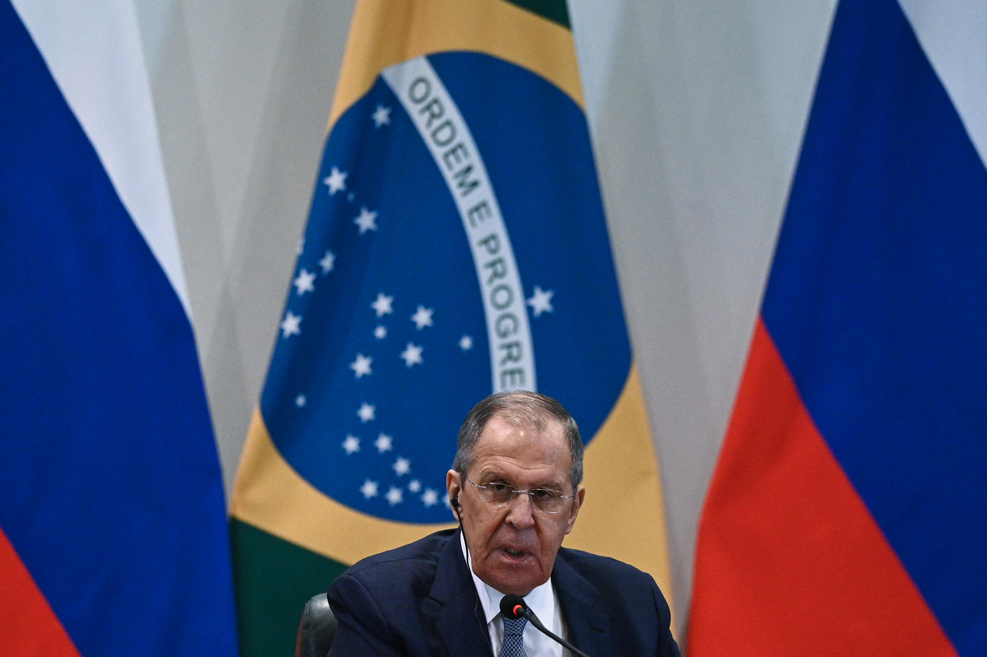 Russian Foreign Minister Sergey Lavrov speaks at a press conference on 17 April 2023 after meeting with Brazilian counterpart Mauro Vieira at Itamaraty Palace in Brasilia, Brazil. EFE/Andre Borges
