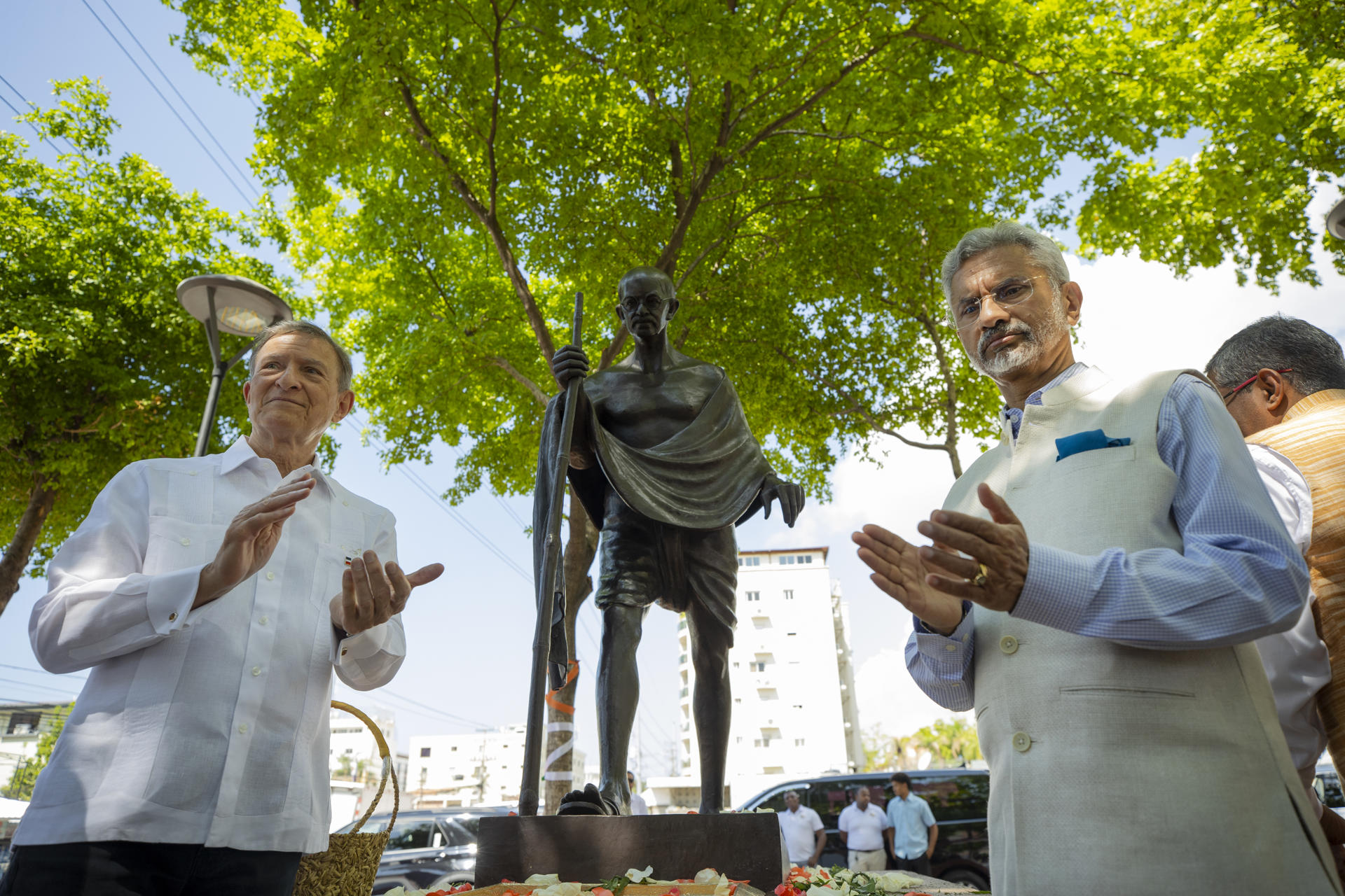 India's foreign minister, Dr. S. Jaishankar (R) and Dominican counterpart Roberto Alvarez, take part in the unveiling of a statue of Mahatma Gandhi in Santo Domingo on 29 April 2023. EFE/Orlando Barría