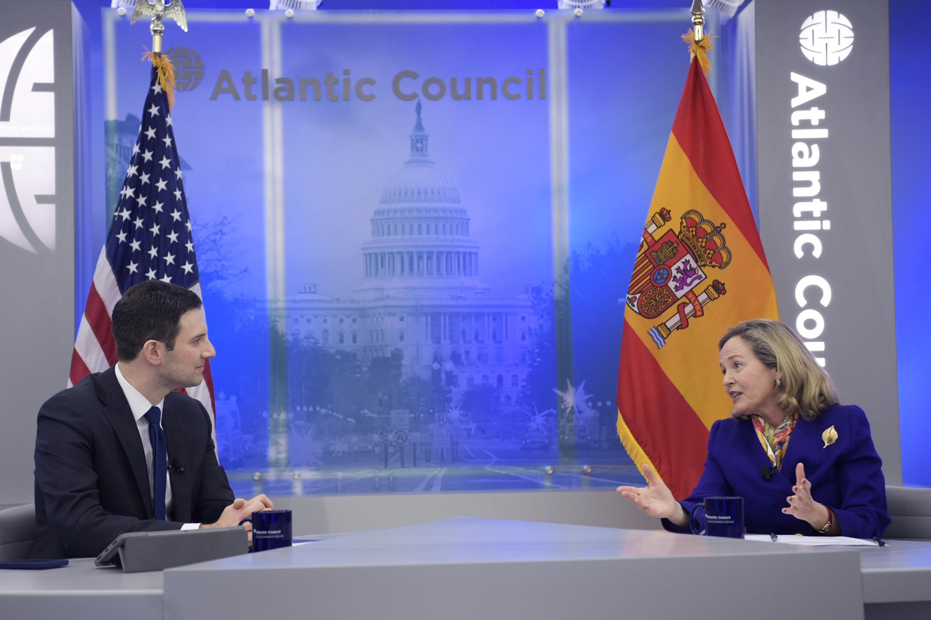 Spanish Deputy Prime Minister and Economy Minister Nadia Calviño responds to questions from the head of Geoeconomics at the Atlantic Council, John Lipsky, during an event organized in Washington on April 11, 2023. EFE/Lenin Nolly