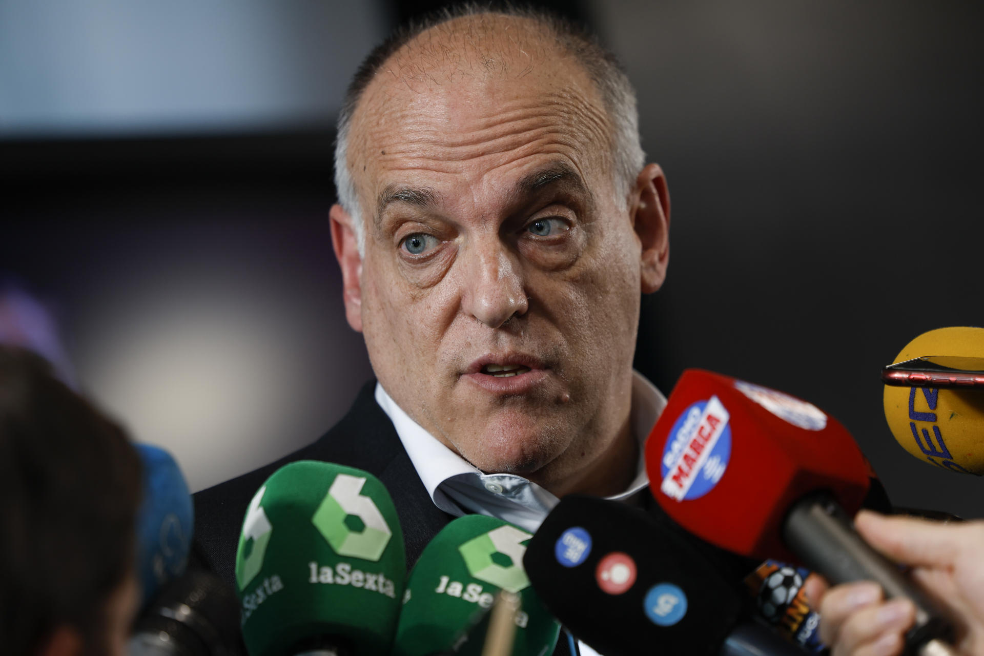 (FILE) The president of LaLiga, Javier Tebas, addresses the press during the signing of the renewal agreement between LaLiga and Carolina Marín, in Madrid, Spain, 8 March 2023. EFE/ Daniel González