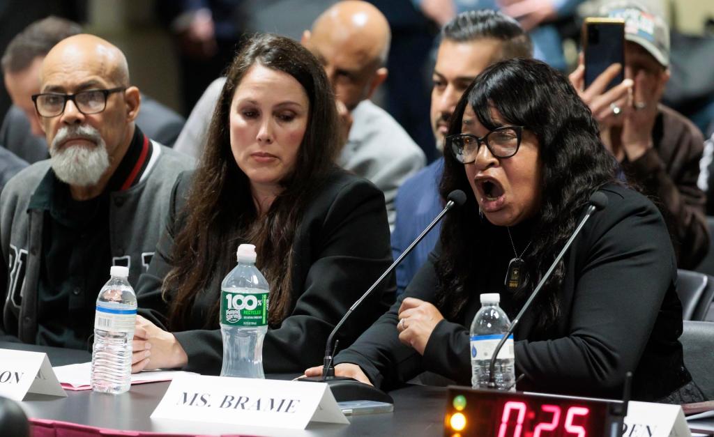 Madeline Brame (d), presidenta de "The Victims Rights Reform Council" y madre de una víctima de homicidio, testifica durante la audiencia "Víctimas de delitos violentos en Manhattan", en Nueva York (EE.UU.), este 17 de abril de 2023. EFE/EPA/Justin Lane
