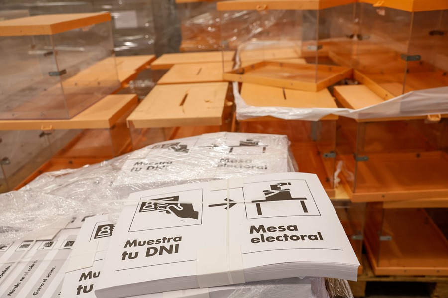 Ballot boxes and ballots in the logistics center for the local and regional elections of 28-M, in the Polígono La Garena de Alcalá de Henares, in Madrid.