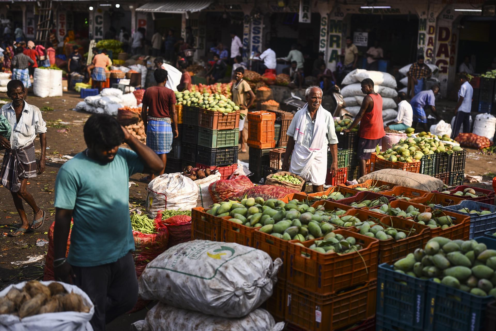An Indian vendor looks on as he waits for customers at a vegetables market, in Chennai, India, 31 May 2023. EFE-EPA/IDREES MOHAMMED
