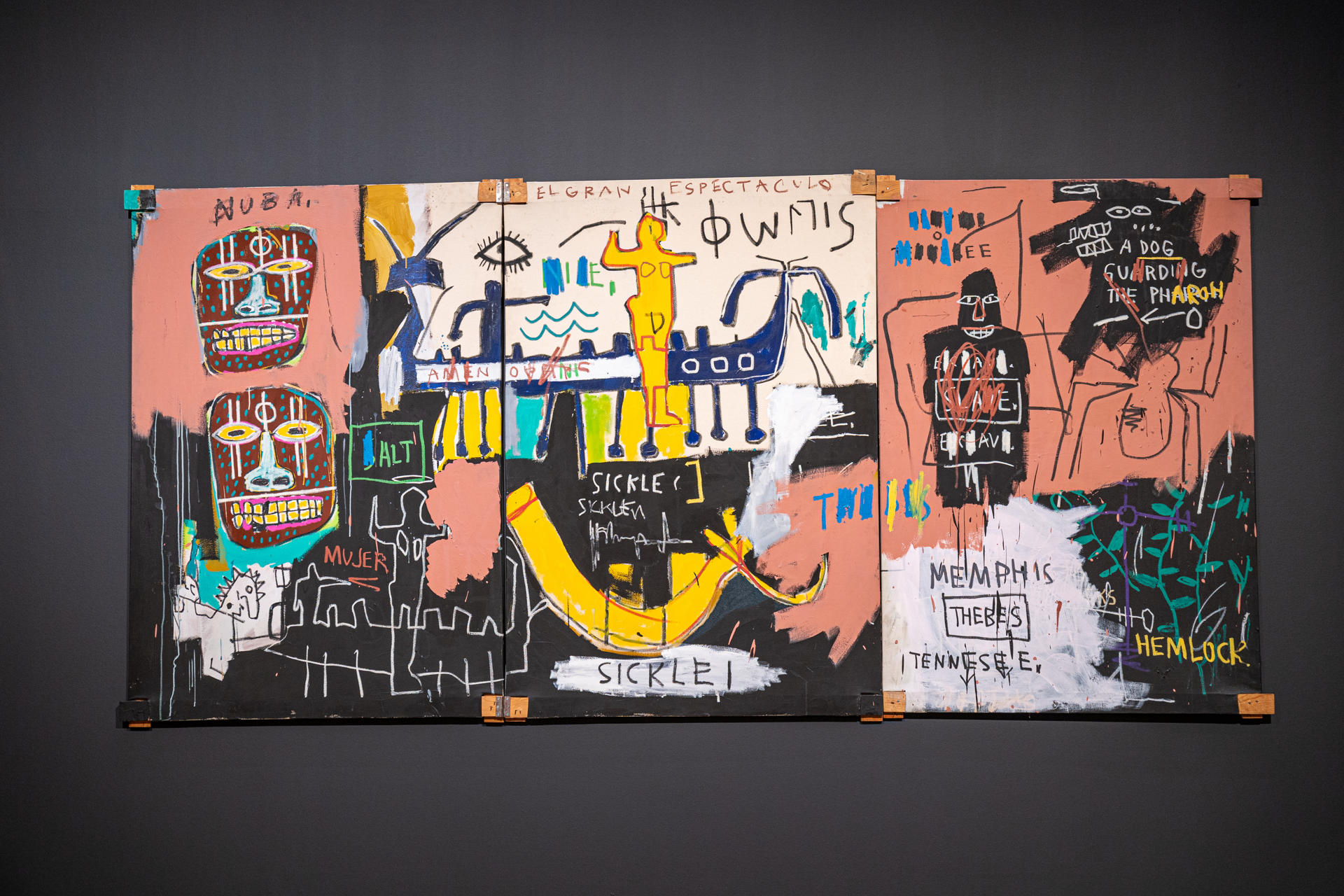 Photo showing "El gran espectaculo (The Nile)" painted by Jean Michel Basquiat in 1983 and alluding to migration in Africa, the slave trade and the struggle for civil rights, will be auctioned in New York. EFE/Angel Colmenares
