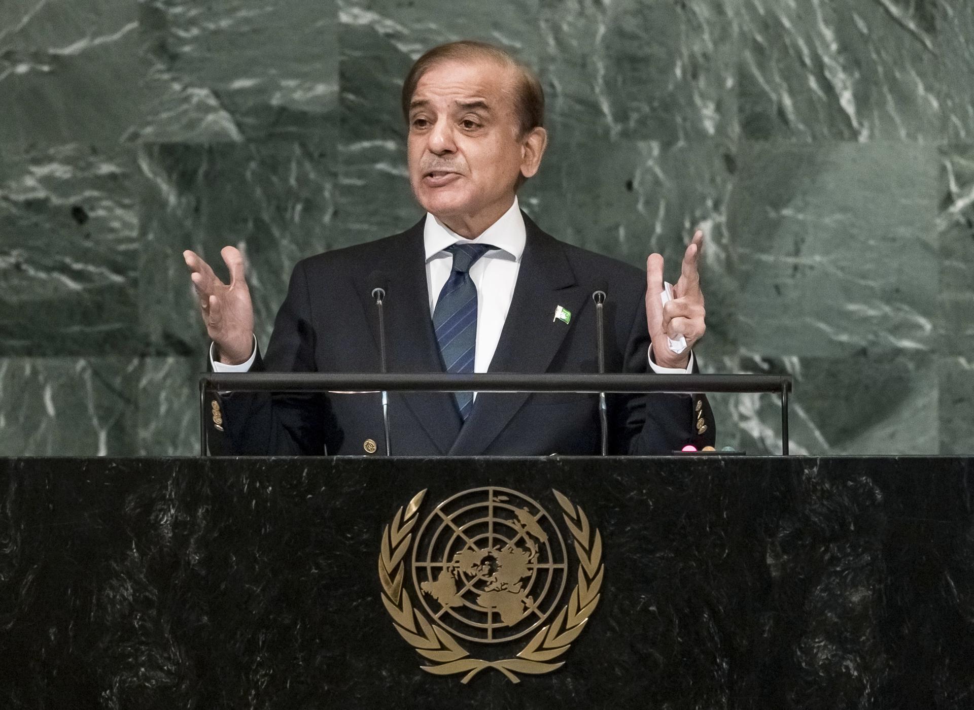 Pakistan's Prime Minister Shehbaz Sharif addresses the General Debate of the 77th session of the United Nations General Assembly in the General Assembly hall at United Nations Headquarters in New York, New York, US, 23 September 2022. EFE-EPA FILE/JUSTIN LANE