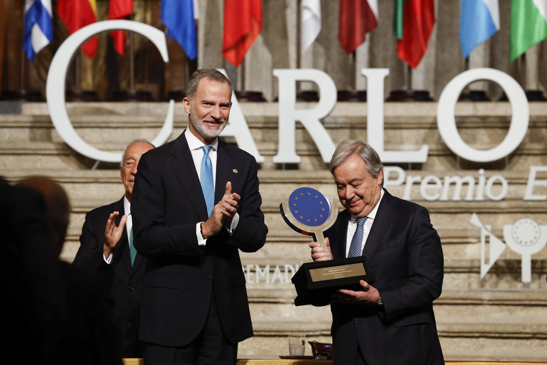 King Felipe VI presents the Charles V European Award to the UN Secretary General, Antonio Guterres (R), in a ceremony held at the Yuste Monastery, Cáceres, Spain, 9 May 2023. EFE/J.J. Guillen