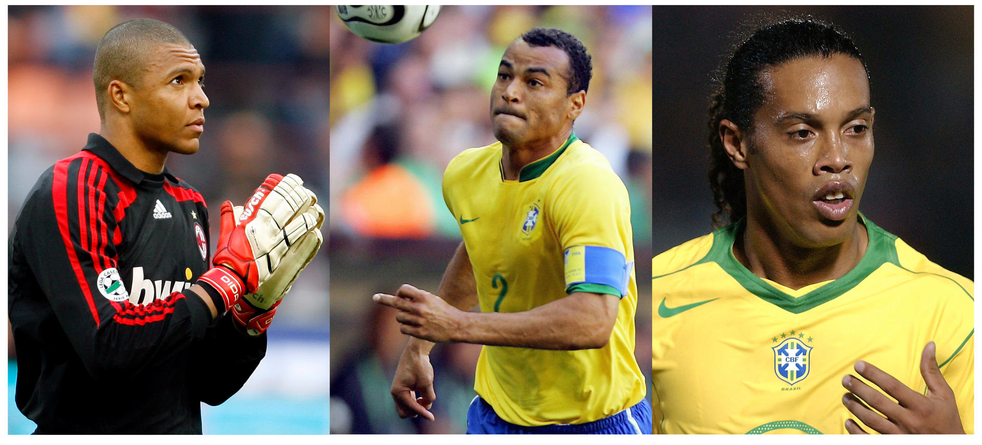 Combo de tres fotografías de archivo donde se ven a los futbolistas brasileños Nelson Dida (i), Cafú (c) y Ronaldinho. EFE