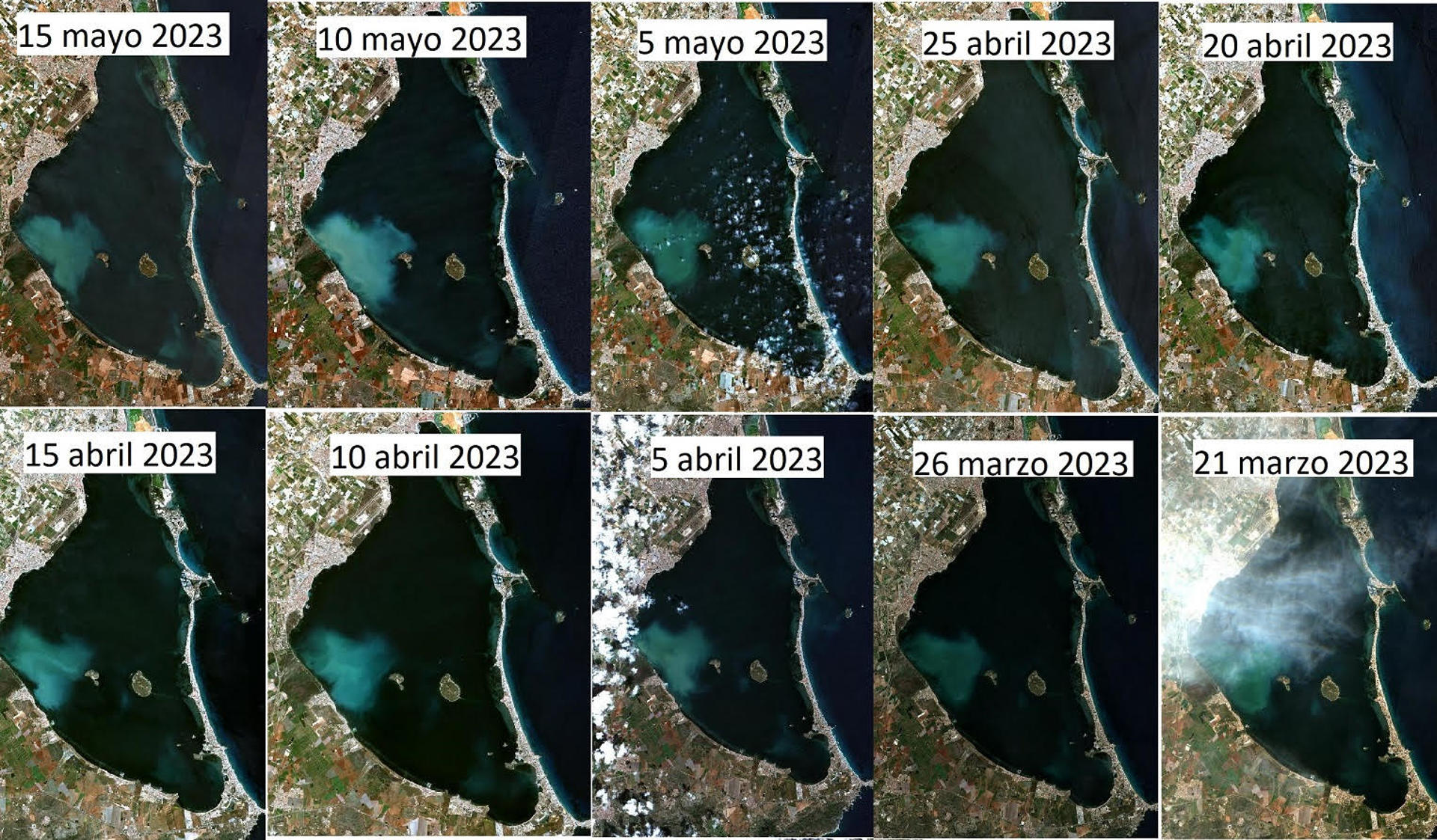 Secuencia de imágenes satélite donde se observa la evolución de la masa de agua en las últimas semanas obtenidas en el sistema de observación de BELICH | IEO.Crédito IEO.
