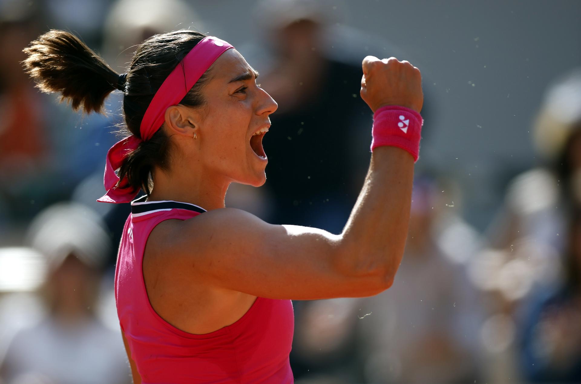 Caroline Garcia of France reacts during her French Open first-round match against Wang Xiyu of China on 29 May 2023 in Paris, France. Garcia pulled out a 7-6 (7-4), 4-6, 6-4 victory. EFE/EPA/YOAN VALAT
