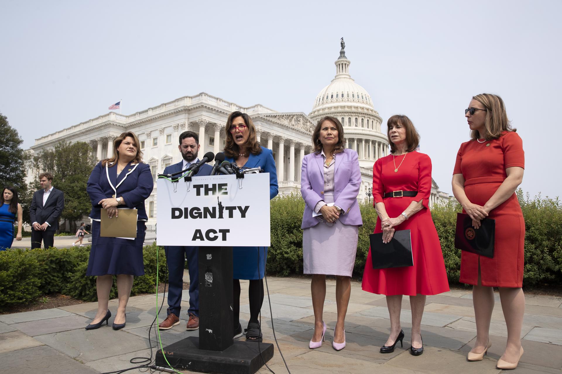(Left to right) Puerto Rican Congresswoman Jenniffer Gonzalez; Republican lawmakers Mike Lawler and Maria Elvira Salazar; and Democratic Congresswomen Veronica Escobar, Kathy Manning and Hillary Scholten participate in a press conference to introduce bipartisan immigration reform legislation dubbed "The Dignity Act" in Washington DC on May 23, 2023. EFE/EPA/Michael Reynolds