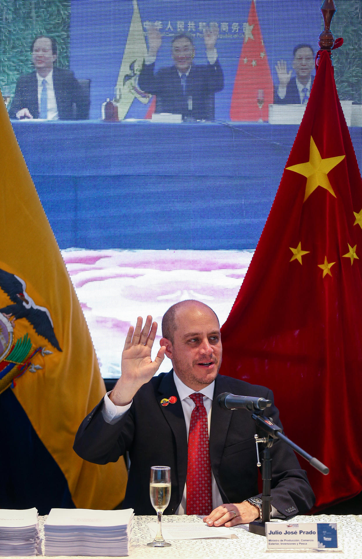 The Minister of Production, Foreign Trade, Investment and Fisheries of Ecuador, Julio Jose Prado, and the Minister of Commerce of China, Wang Wentao, signed a trade agreement today, in a ceremony held simultaneously in Quito and Beijing through a video conference 10 May 2023. EFE/Jose Jacome
