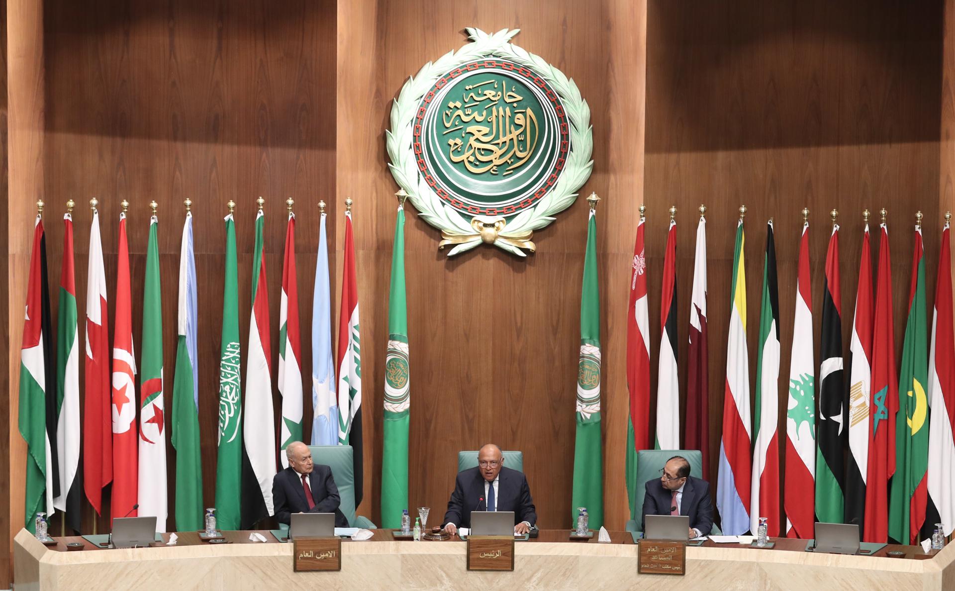 Egyptian Foreign Minister Sameh Shoukry (C), Secretary-General of the Arab League Ahmed Aboul Gheit (L), and Assistant Secretary General responsible of the League's Council, Assistant Secretary-General of the Arab League Hossam Zaki (R) attend the emergency meeting of Arab League foreign ministers, in Cairo, Egypt, 07 May 2023. EFE/EPA/KHALED ELFIQI