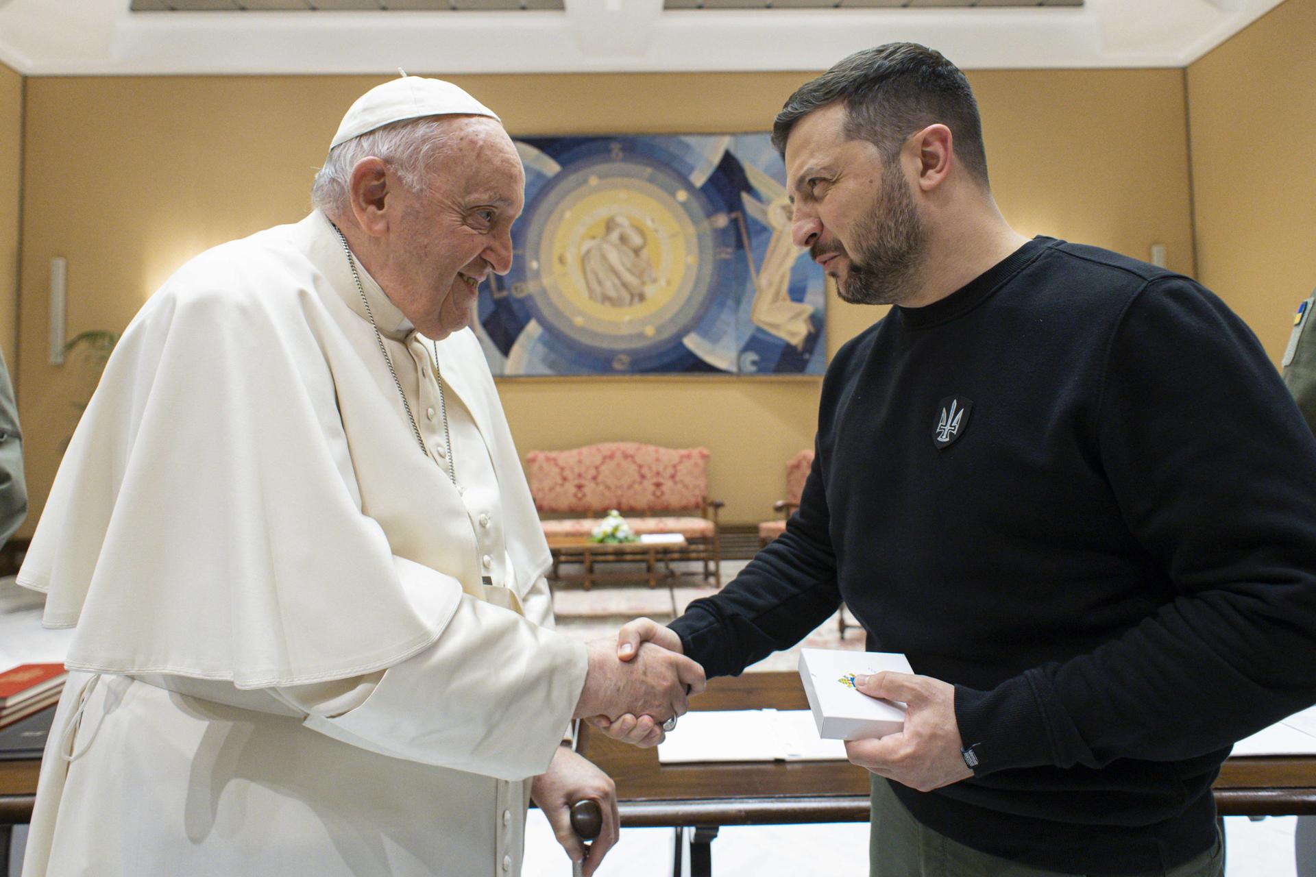 A handout picture provided by the Vatican Media shows Pope Francis (L) receiving Ukraine's President Volodymyr Zelensky during their meeting at the Vatican, 13 May 2023. EFE-EPA/VATICAN MEDIA HANDOUT HANDOUT EDITORIAL USE ONLY/NO SALES