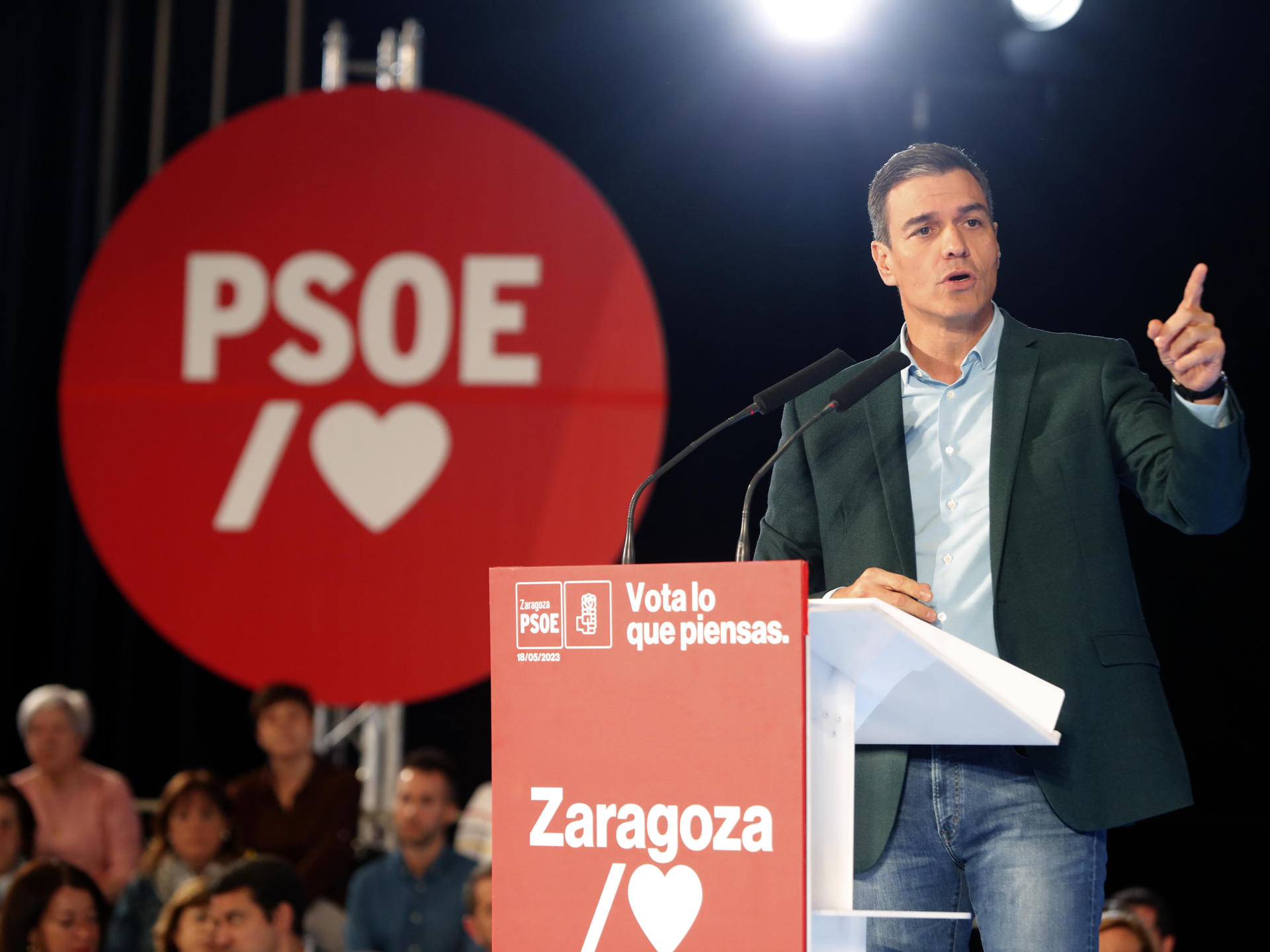 Spanish prime minister Pedro Sánchez during an electoral campaign meeting in Zaragoza, Spain, 18 May 2023.. EFE/ Javier Cebollada
