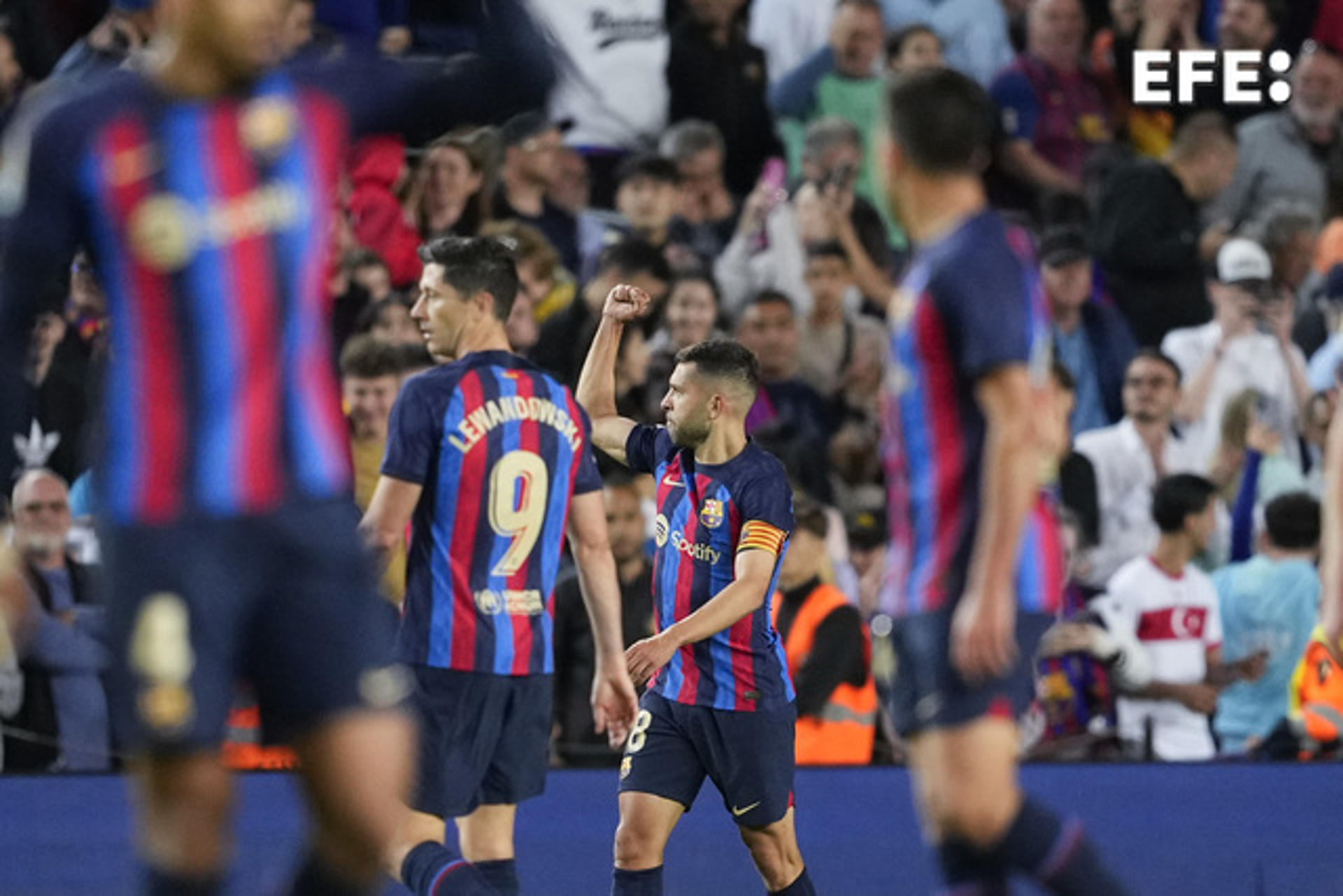 Barcelona's Jordi Alba (C) celebrates after scoring against Osasuna during their LaLiga match at Camp Nou in Barcelona on 2 May 2023.EFE/Alejandro Garcia