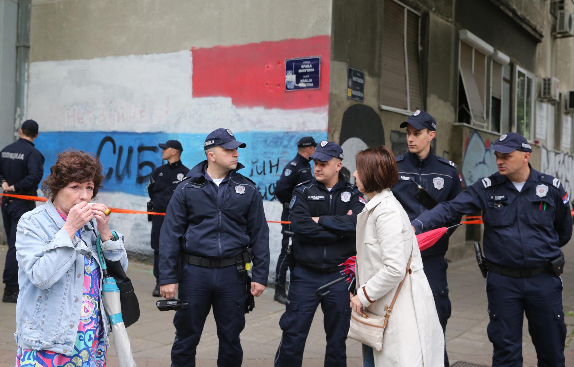 Police officers block a street near the Vladislav Ribnikar elementary school in Belgrade, Serbia, 03 May 2023.  EFE/EPA/ANDREJ CUKIC