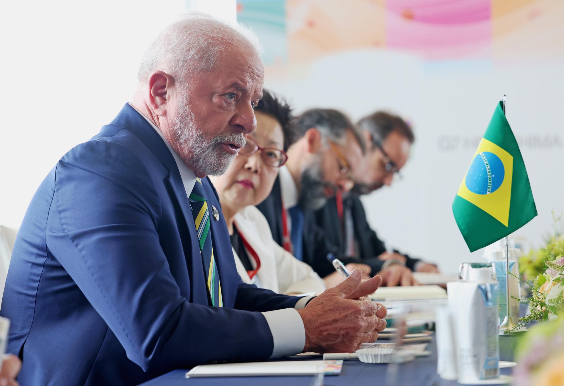 Brazil's President Luiz Inacio Lula da Silva (L) speaks during a bilateral meeting with Japan's Prime Minister Fumio Kishida (not pictured) on the sidelines of the G7 Hiroshima Summit in Hiroshima, Japan, 20 May 2023. EFE/EPA/JAPAN POOL JAPAN OUT EDITORIAL USE ONLY/NO SALES