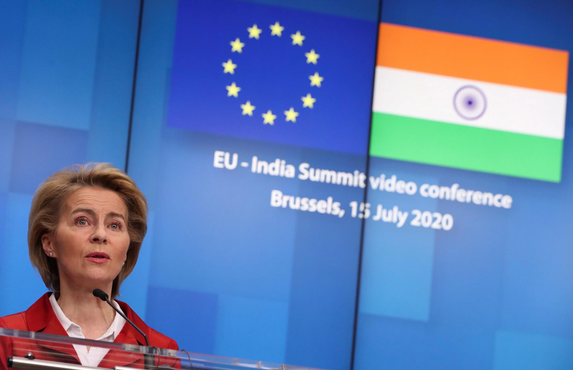 (FILE) European Commission President Ursula von der Leyen holds a news conference after a virtual summit with Indian Prime Minister Narendra Modi in Brussels, Belgium, 15 July 2020. EFE/EPA/YVES HERMAN / POOL