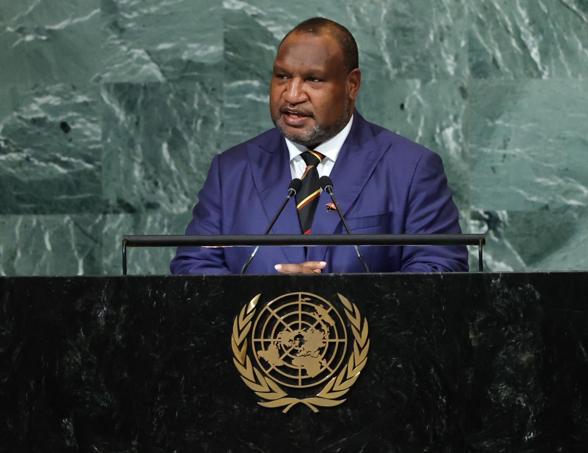 James Marape, Prime Minister of Papua New Guinea, delivers his address during the 77th General Debate inside the General Assembly Hall at United Nations Headquarters in New York, New York, USA, 22 September 2022. EFE-EPA/PETER FOLEY