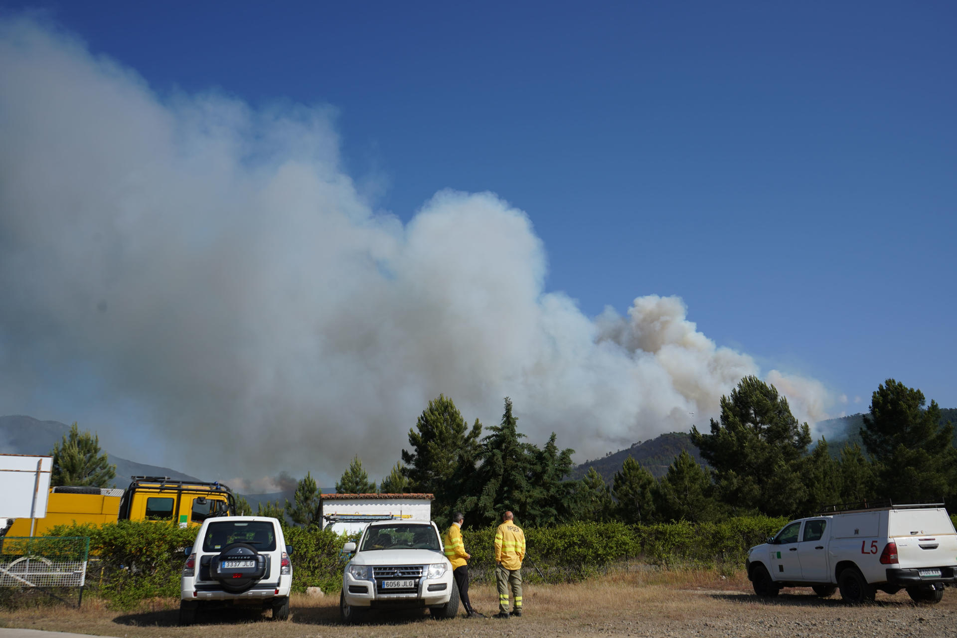 Columna de humo del incendio forestal declarado en el término municipal de Pinofranqueado, en la comarca cacereña de Las Hurdes. EFE/ Eduardo Palomo