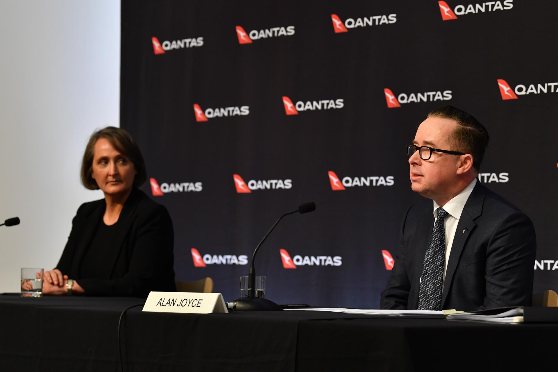 Qantas Group Chief Executive Officer Alan Joyce (R) and Qantas Group Chief Financial Officer Vanessa Hudson (L) during the company's results announcement press conference in Sydney, Australia, 20 August 2020. EFE-EPA FILE/DEAN LEWINS AUSTRALIA AND NEW ZEALAND OUT
