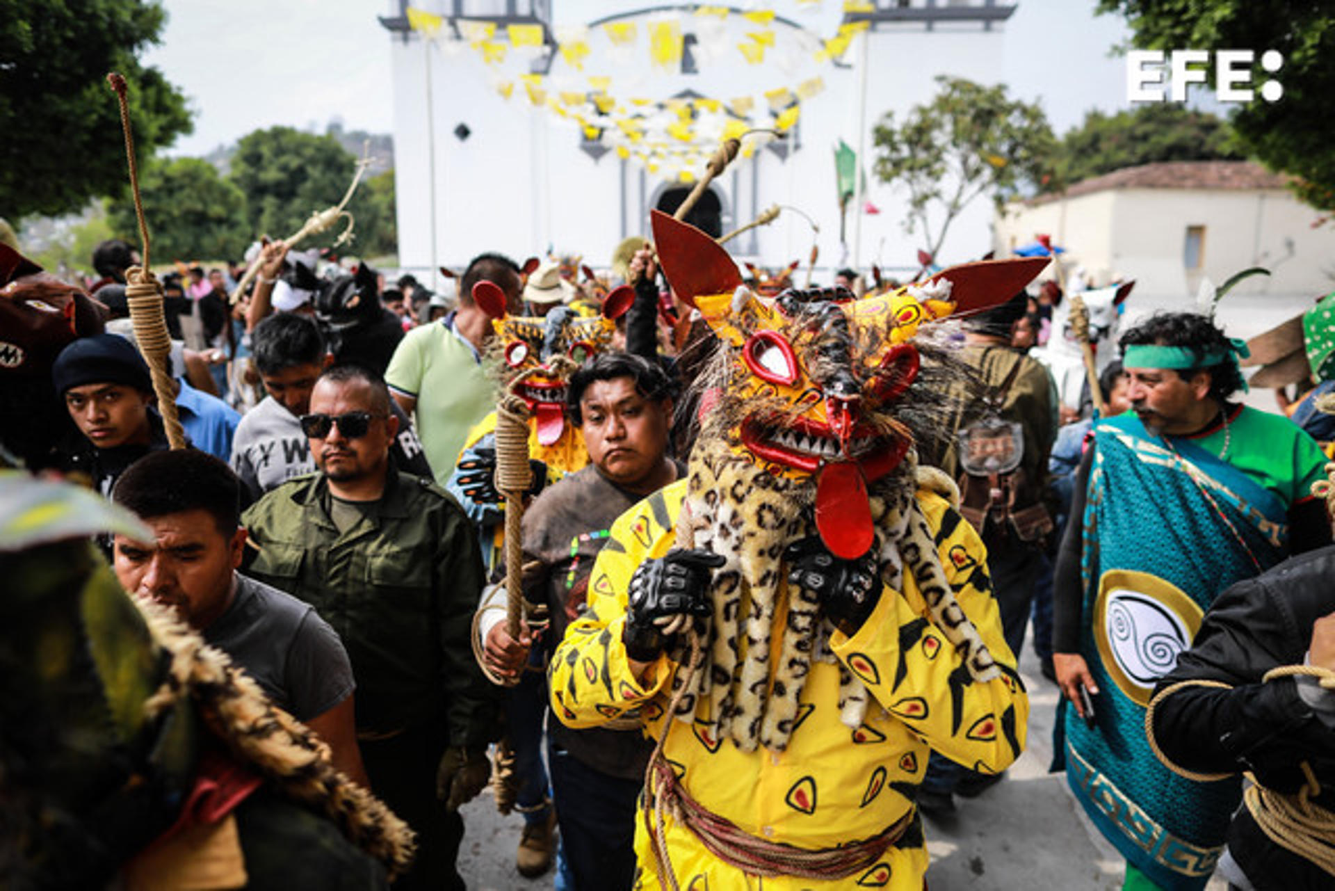 Indigenous Nahuas dressed as Tigers participate in lariat fights to give a drop of blood in exchange for rain in the municipality of Zitlala in the state of Guerrero, Mexico 05 May 2023. EFE/David Guzman