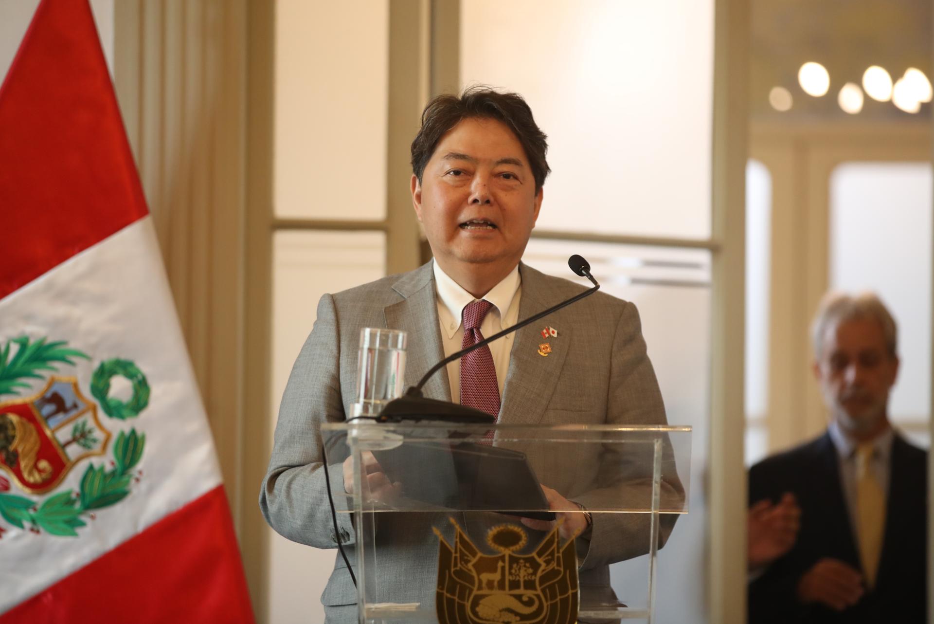 Japanese Foreign Minister Yoshimasa Hayashi speaks during a joint press conference with  top Peruvian officials in Lima on May 3, 2023. EFE/Paolo Aguilar