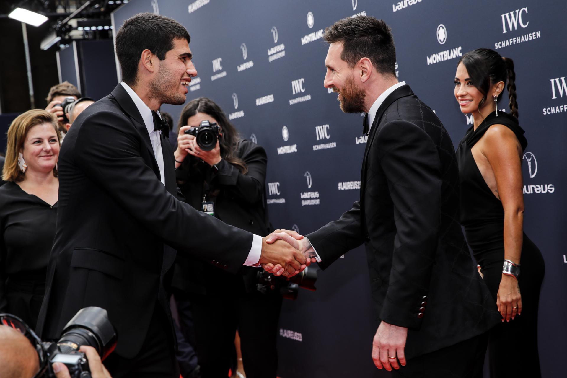 Argentine soccer great Lionel Messi, who became the first athlete to win Laureus World Sports Awards in both the team and individual categories in the same year shakes hands with Spanish tennis Carlos Alcaraz at the awards ceremony in Paris, France, on 8 May 2023. The 20-year-old Alcaraz was honored in the World Breakthrough of the Year category. EFE/EPA/TERESA SUAREZ