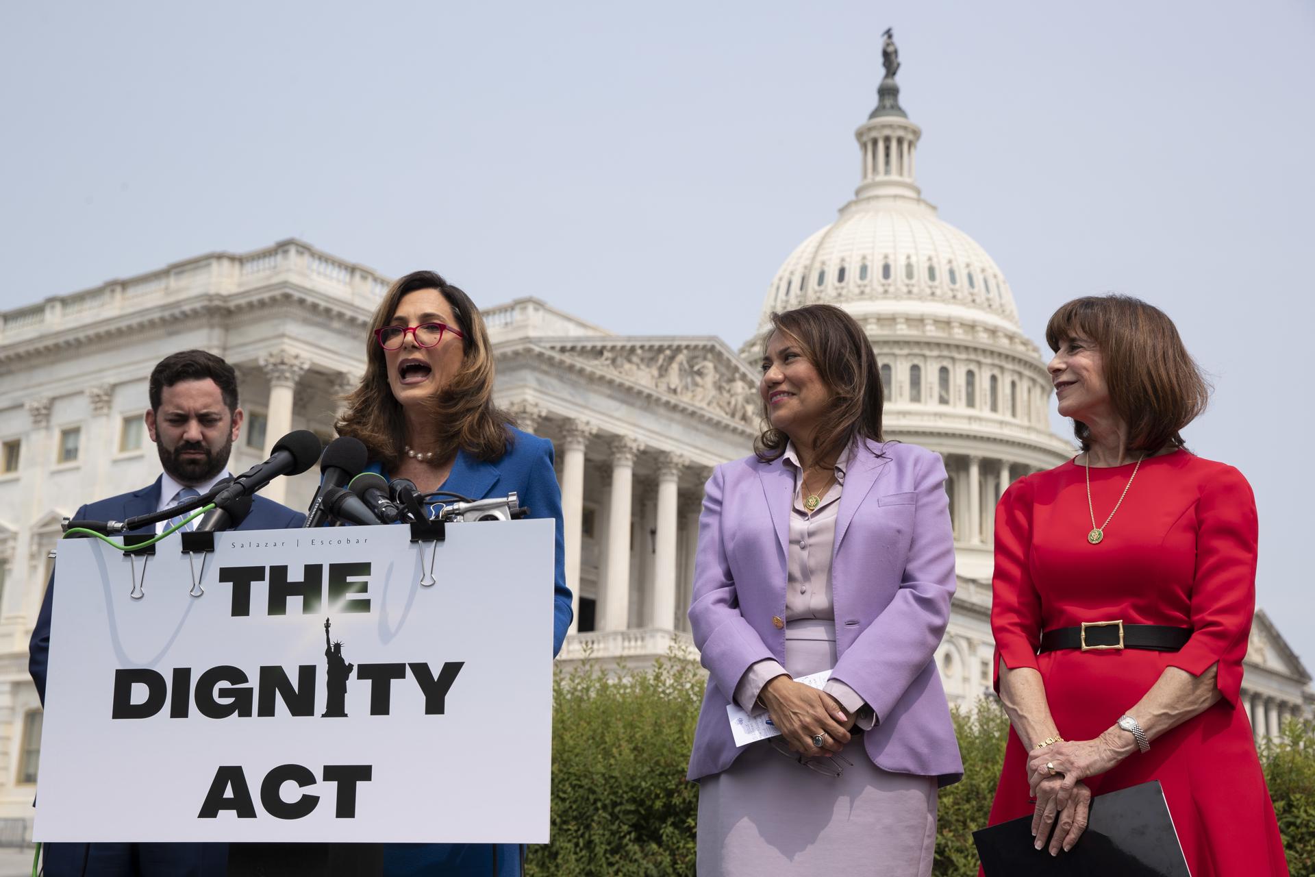 (Left to right) Republican lawmakers Mike Lawler and Maria Elvira Salazar; and Democratic Congresswomen Veronica Escobar and Kathy Manning participate in a press conference to introduce bipartisan immigration reform legislation dubbed "The Dignity Act" in Washington DC on May 23, 2023. EFE/EPA/Michael Reynolds

