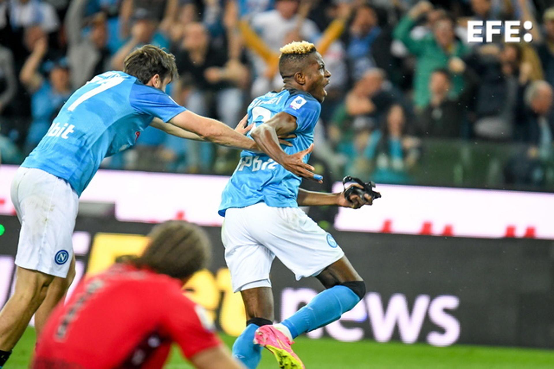 Napoli's Victor Osimhen (R) celebrates after scoring against Udinese during a Serie A match at Dacia Arena in Udine, Italy, on 4 May 2023. EFE/EPA/ETTORE GRIFFONI
