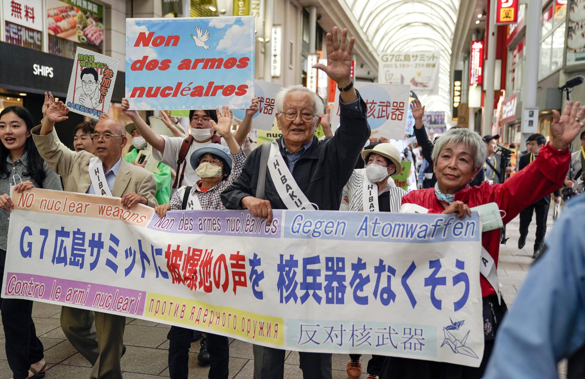 Atomic bomb survivors demonstrate calling for a ban on nuclear arms during the G7 Summit in Hiroshima, Japan, 20 May 2023. EFE/EPA/FILE/KIMIMASA MAYAMA