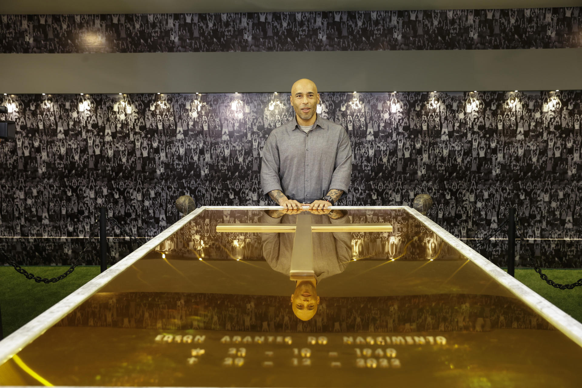 Photograph showing Brazilian soccer icon Pele's son Edinho do Nascimento standing before his father's tomb within his mausoleum, on May 15, 2023, in Santos, Brazil. EFE/Sebastiao Moreira
