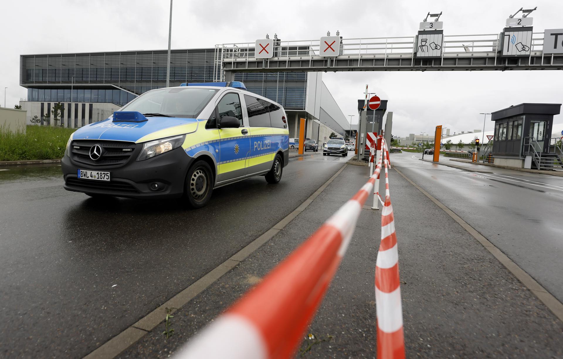 A police car leaves the Mercedes factory where a shooting took place in Sindelfingen, Germany, 11 May 2023.EFE/EPA/RONALD WITTEK