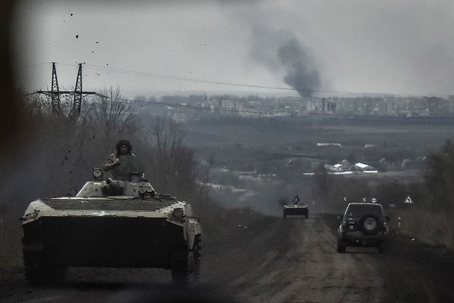 Armored cars were circulating on a road near Bakhmut.