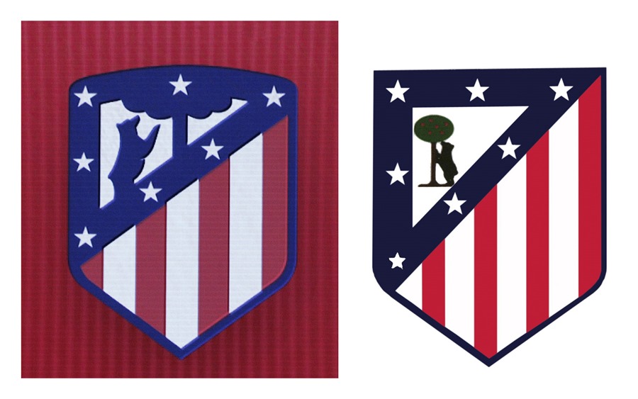 Combo con dos fotos del escudo del Atlético de Madrid.