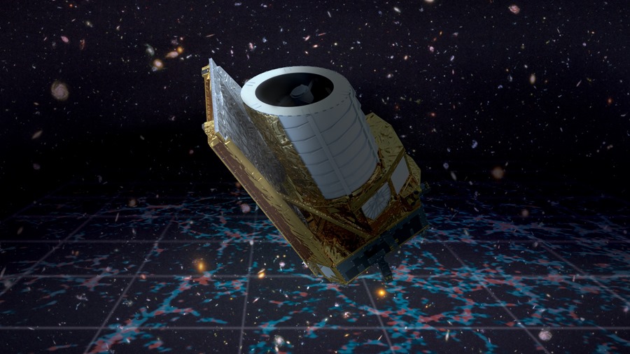 Ilustración de la misión espacial facilitada por la ESA/Euclid/Euclid Consortium/NASA. Galaxias en el fondo/ NASA, ESA, and S. Beckwith (STScI) and the HUDF Team.