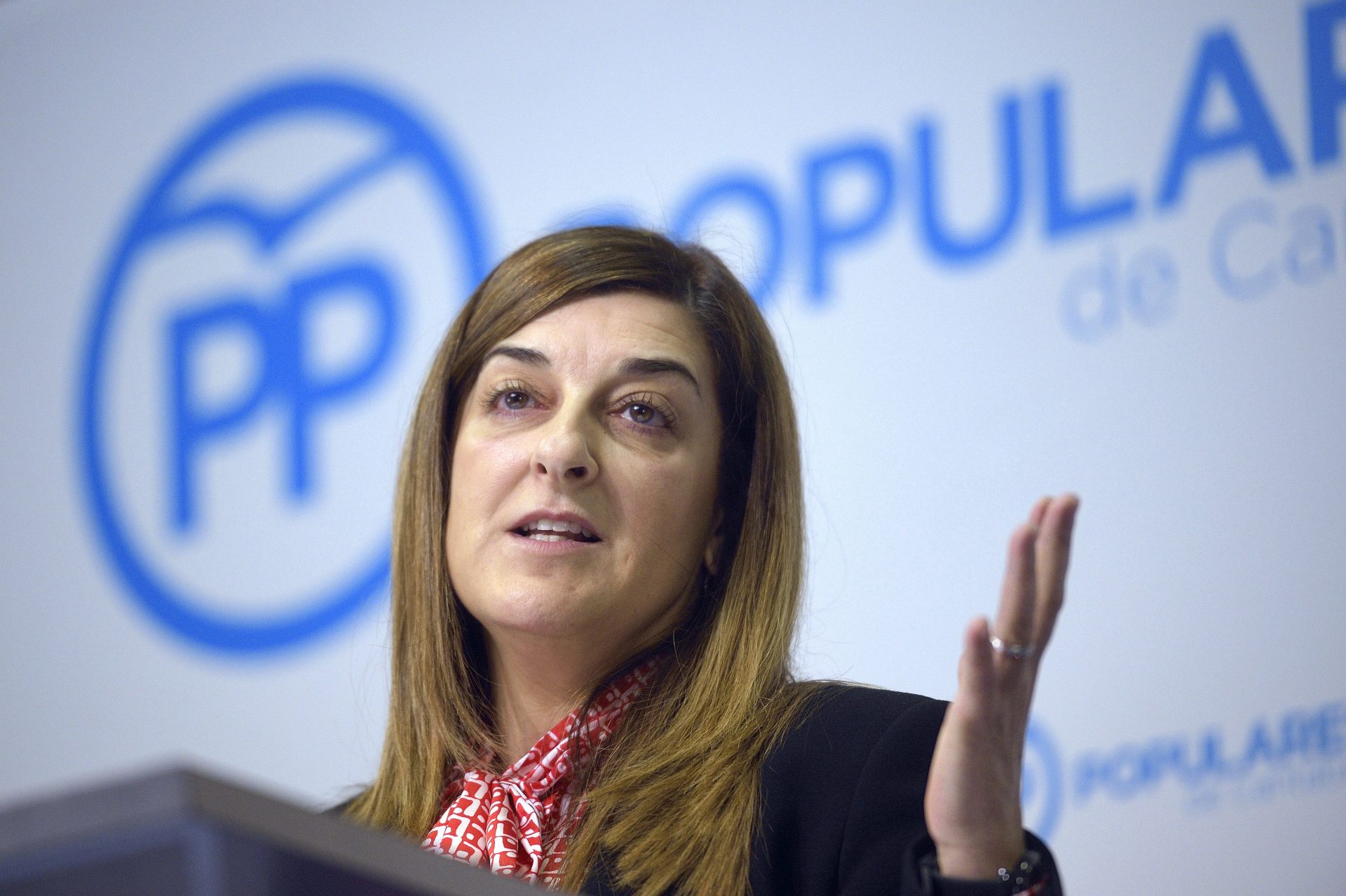 La secretaria autonómica del PP y futura presidenta de Cantabria, María José Sáenz de Buruaga, durante una rueda de prensa del partido. EFE/Pedro Puente Hoyos.
