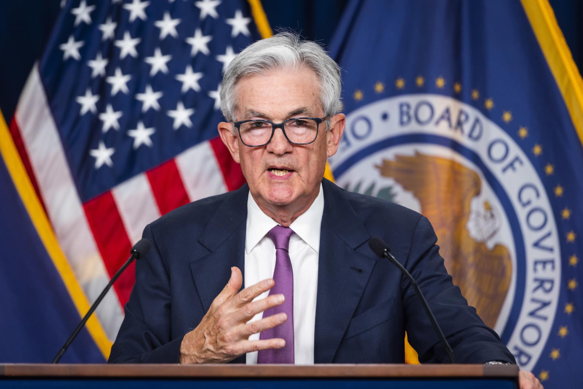 The chairman of the United States Federal Reserve, Jerome Powell, gives a press conference on 14 June 2023 in Washington DC following the latest two-day meeting of the Federal Open Market Committee, the Fed's monetary policy-making body. EFE/Jim Lo Scalzo