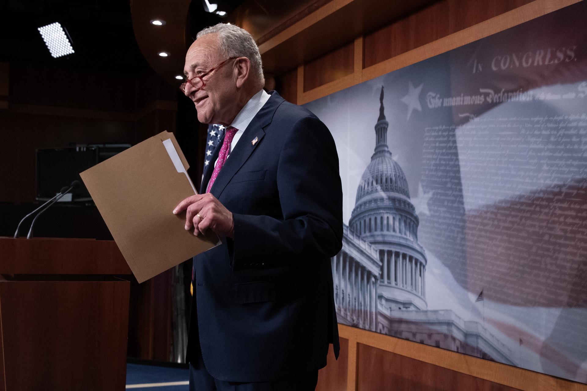 Senate Majority Leader Chuck Schumer concludes a news conference after the Senate passed legislation to raise the debt ceiling, on Capitol Hill in Washington, DC, USA, 01 June 2023. EFE-EPA/MICHAEL REYNOLDS