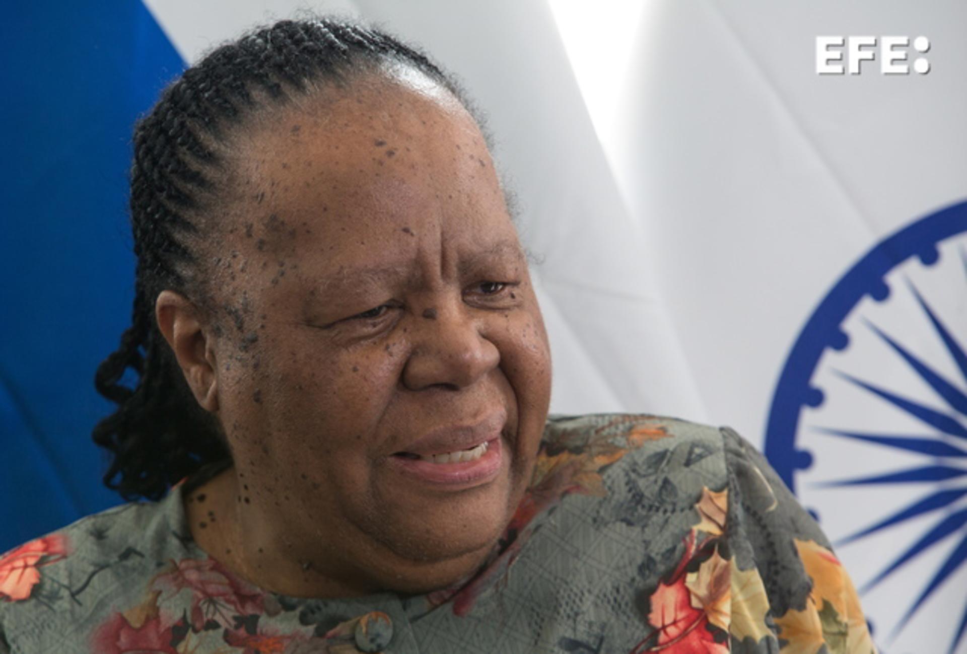 South Africa's minister of International Relations and Cooperation, Naledi Pandor, talks to reporters during the BRICS foreign ministers meeting in Cape Town, South Africa, on 1 June 2023. EFE/EPA/HALDEN KROG
