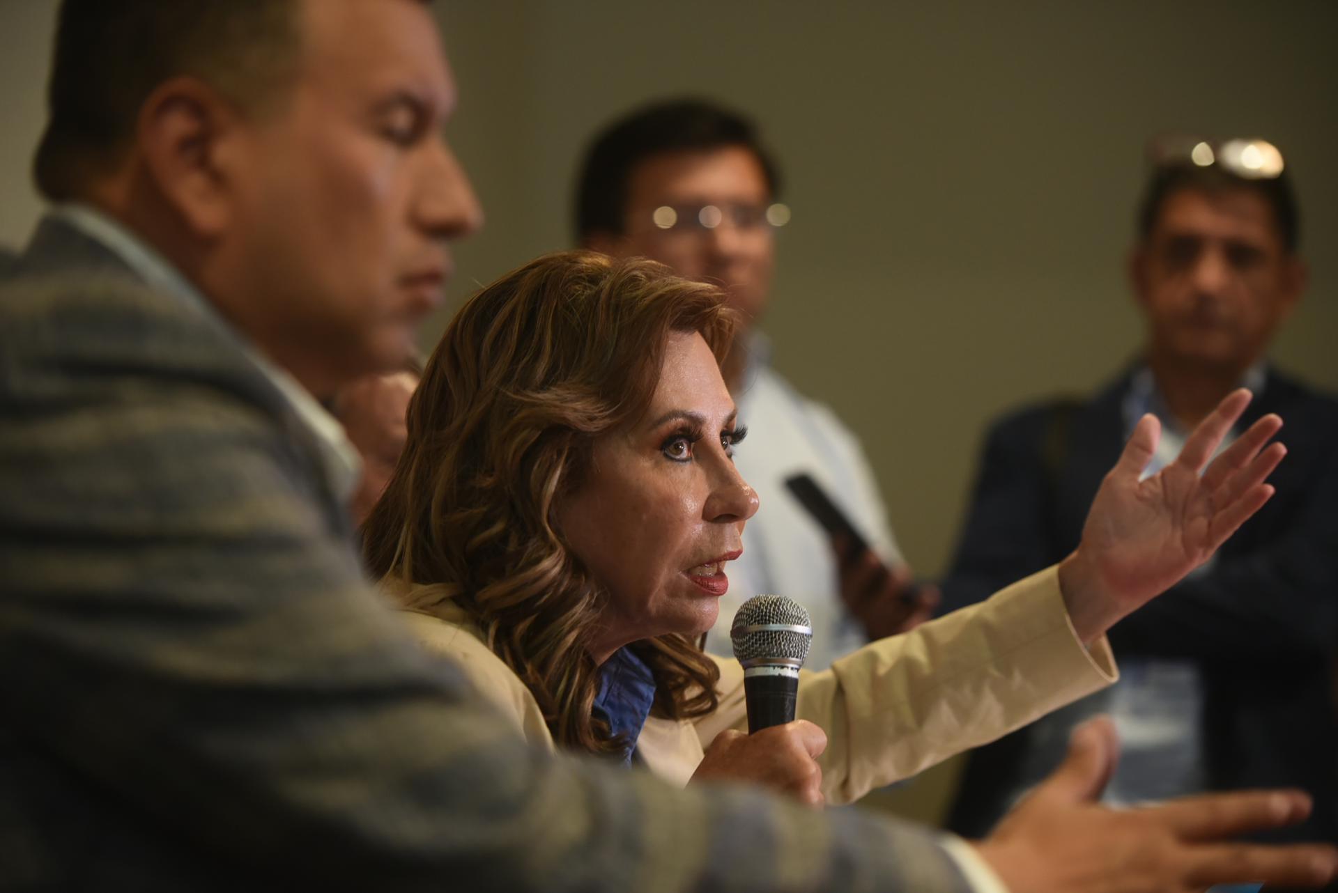 National Unity of Hope (UNE) party's presidential candidate Sandra Torres addresses a press conference at a hotel in Guatemala, Guatemala City on Monday, 26 June 2023. EFE-EPA/Esteban Biba
